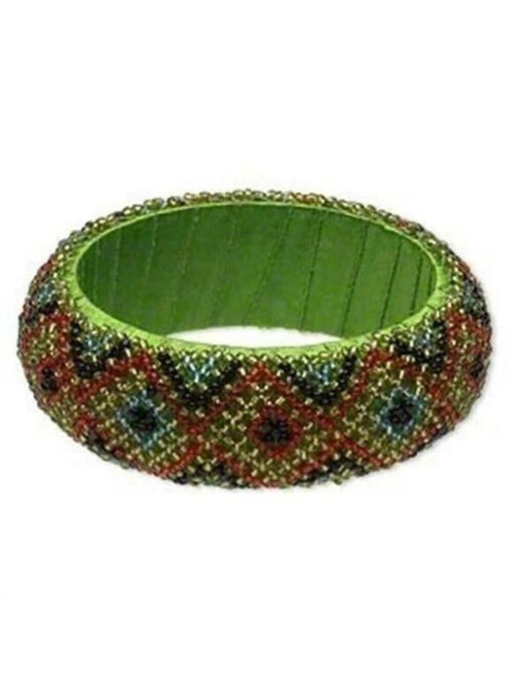Handcrafted India Beaded Bangle Bracelet Green Multi Color Pattern Fair Trade